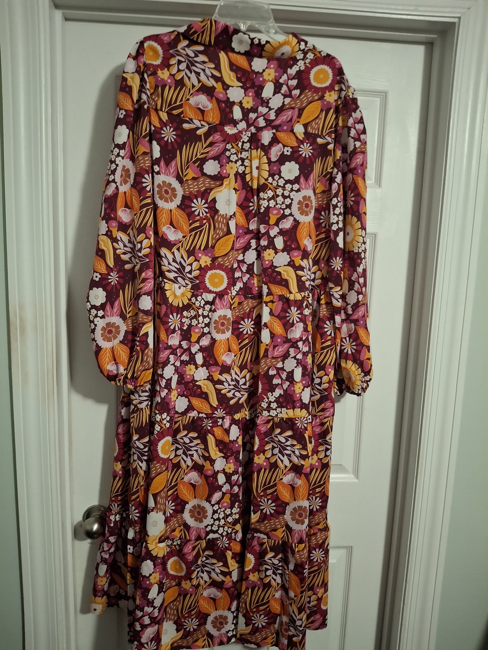 Burgundy Floral Tiered Long Sleeve Dress with Pink & Gold Accents